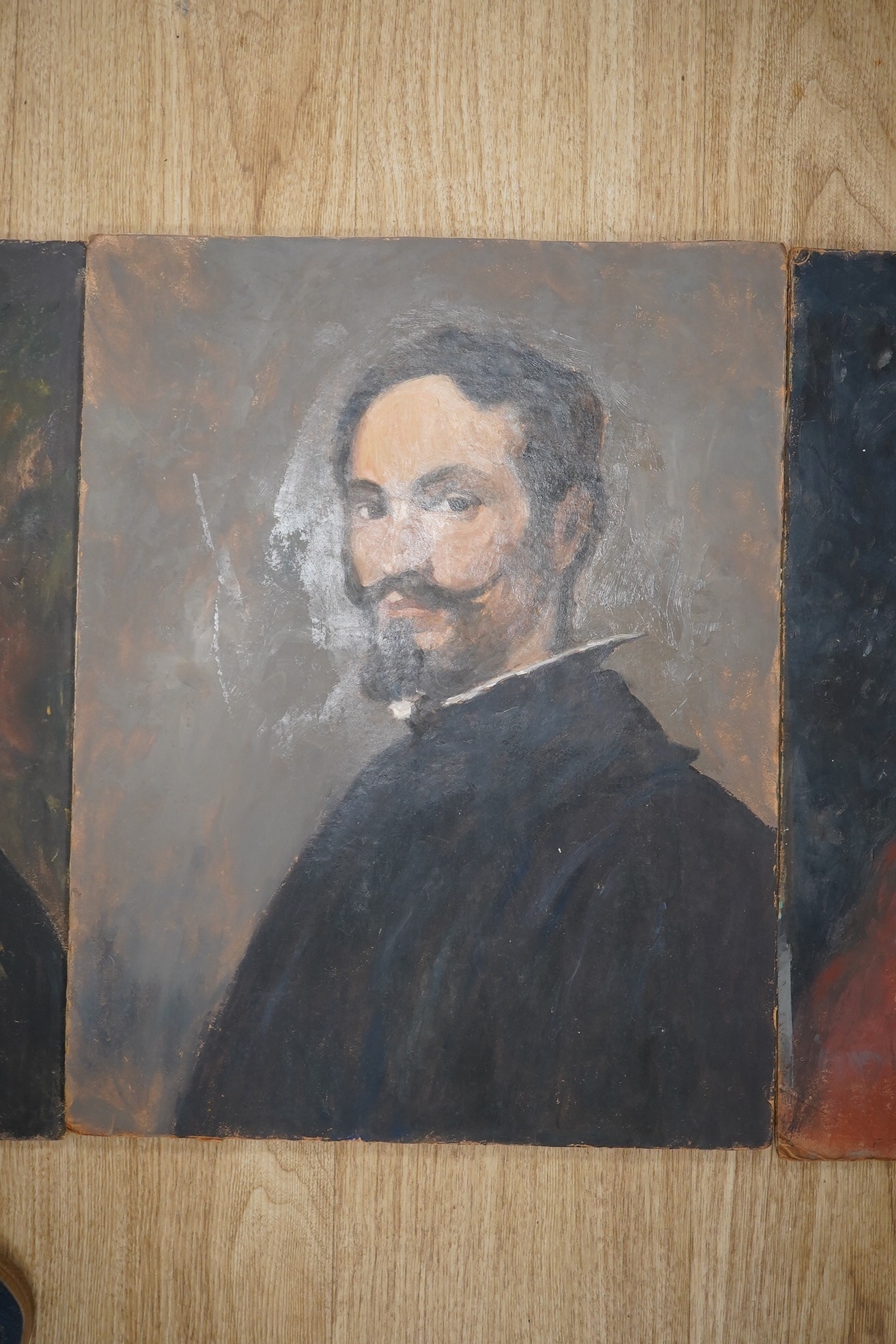 Ernest Waldron West (1904-1994), three oils on board/cardboard, Portraits of historical figures comprising Pope Innocent X, Velazquez and Philip IV of Spain, one signed, each 46 x 36cm, unframed. Condition - fair